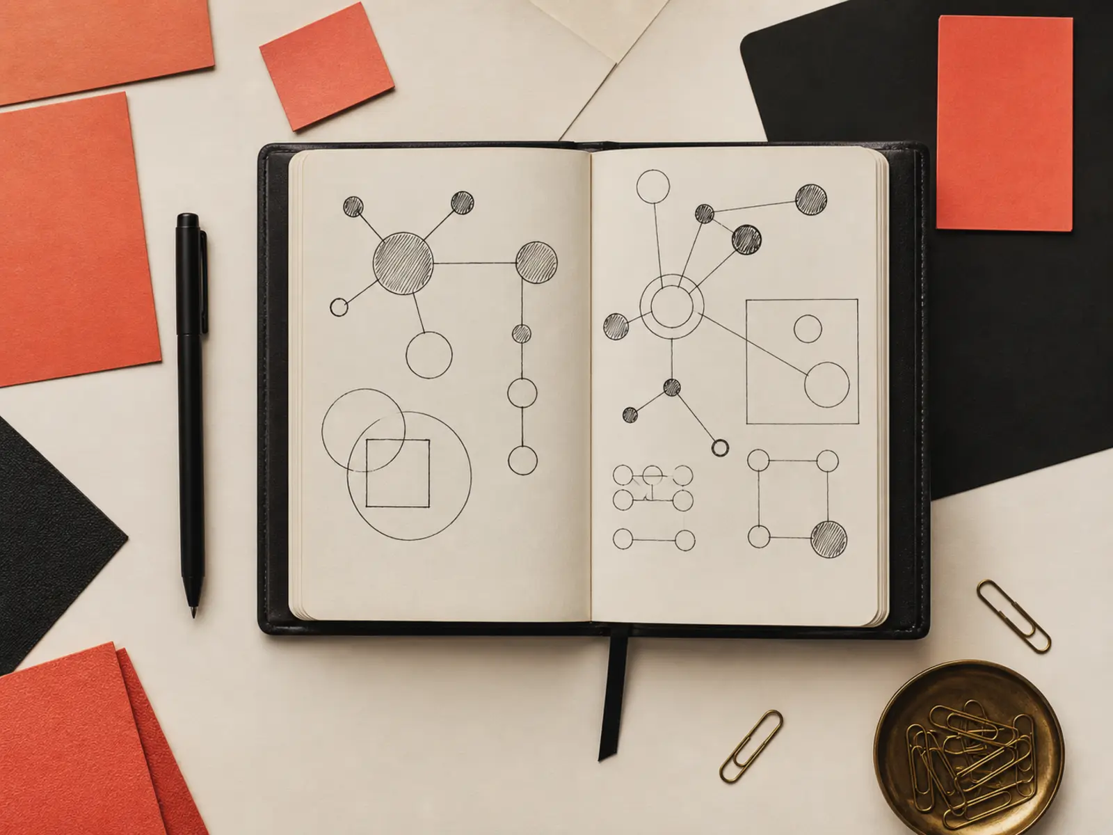 An overhead desk shot: an open leather notebook with brand maps, coral swatches and a matte black pen on cream paper.