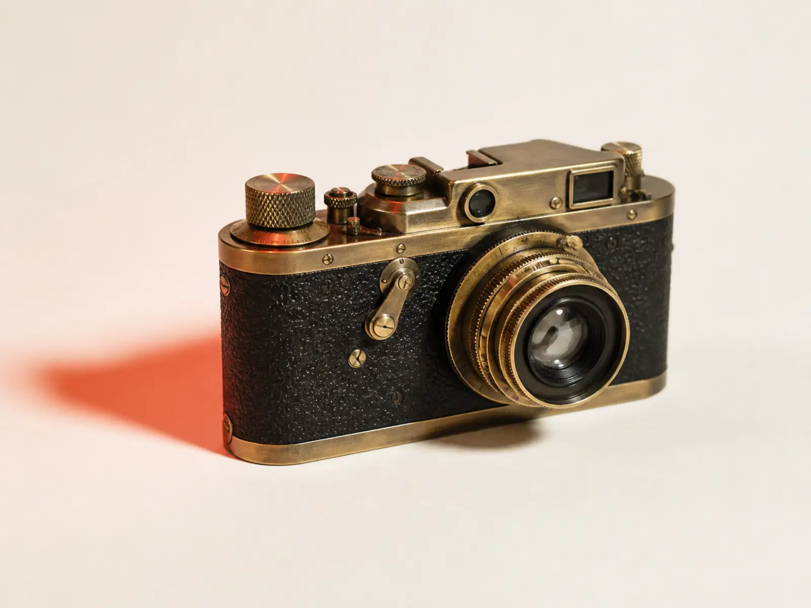 A leather-and-brass rangefinder camera resting on a cream paper roll with a soft coral rim light.