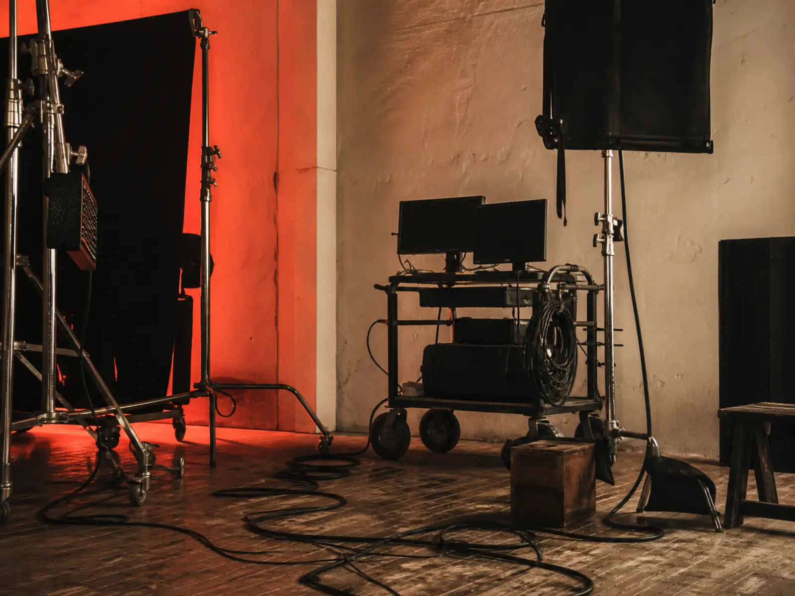 A film set with light stands, a DIT cart of monitors and coiled cables, and a coral gel wash on the back wall.
