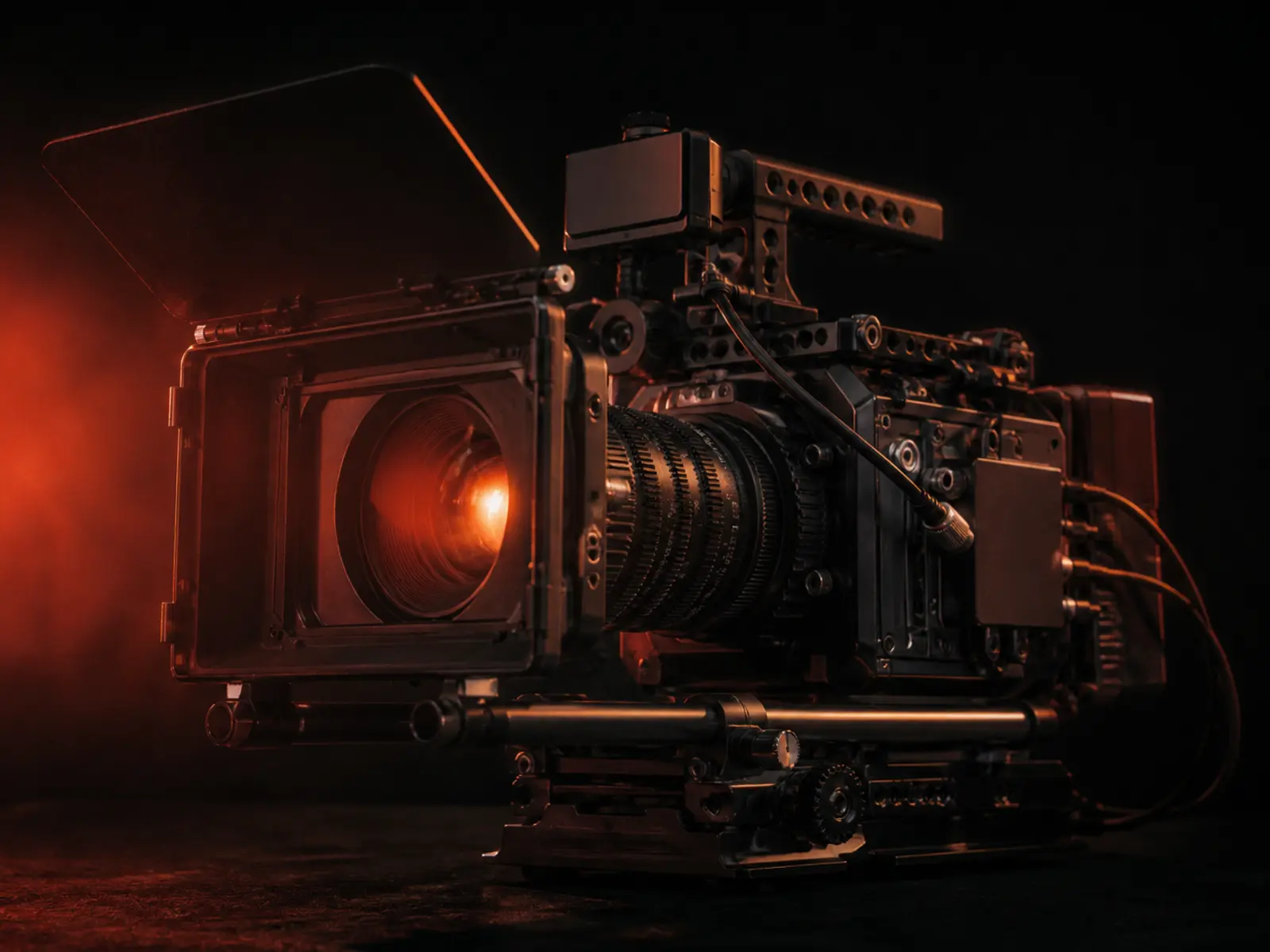 A cinema camera with matte-box and rods, coral gel visible in the lens flare against a near-black studio backdrop.